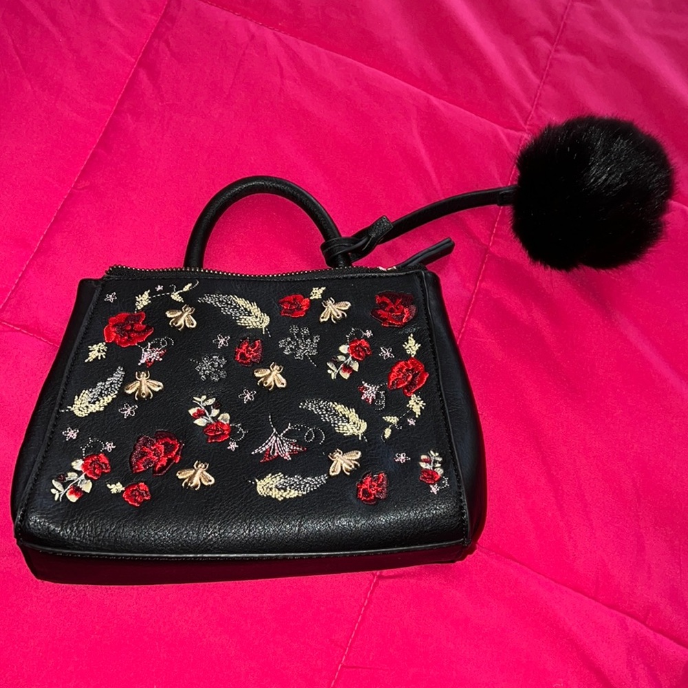 Red gold Floral bee black mini bag with Pom Pom